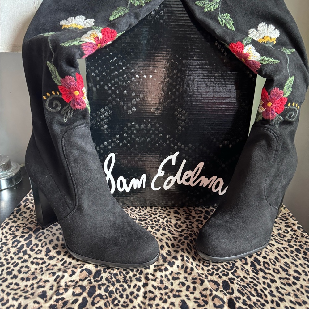 Sam Edelman Black Over the Knee Heeled Boots with Embroidered details